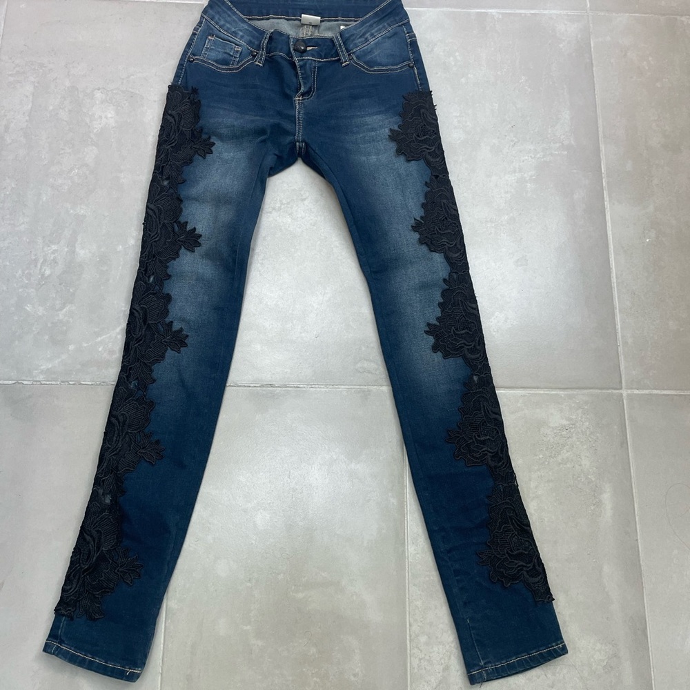 Black Lace Appliqué Jeans